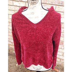 🌟Luxurious🌟 Forever 21 Wine Red Burgundy Chenille Hooded Cropped Sweater S